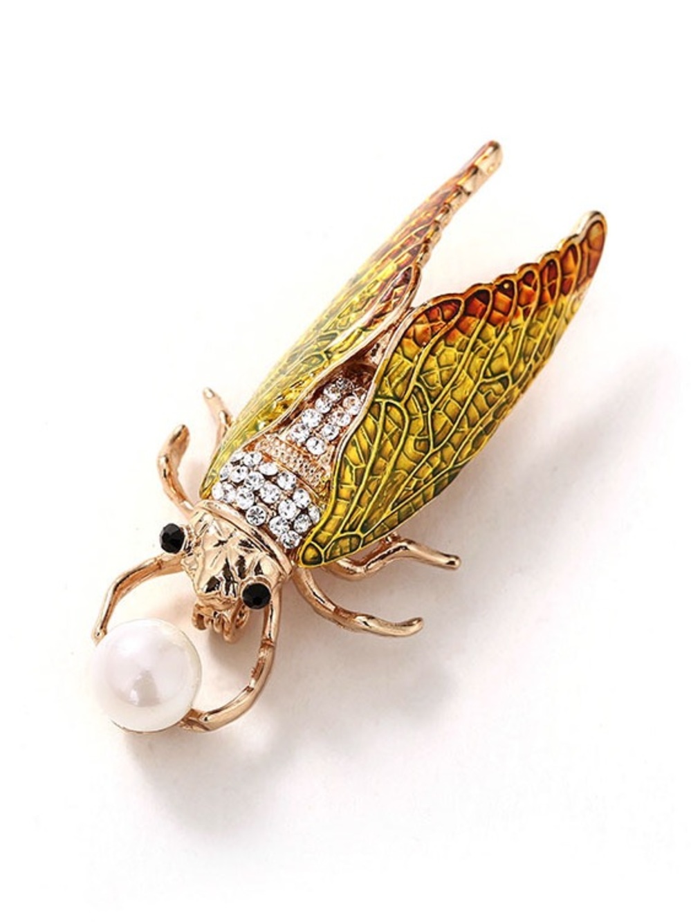 Golden Yellow Enamel Cicada Brooch Pin with Faux Pearl – Crystal Insect Lapel.